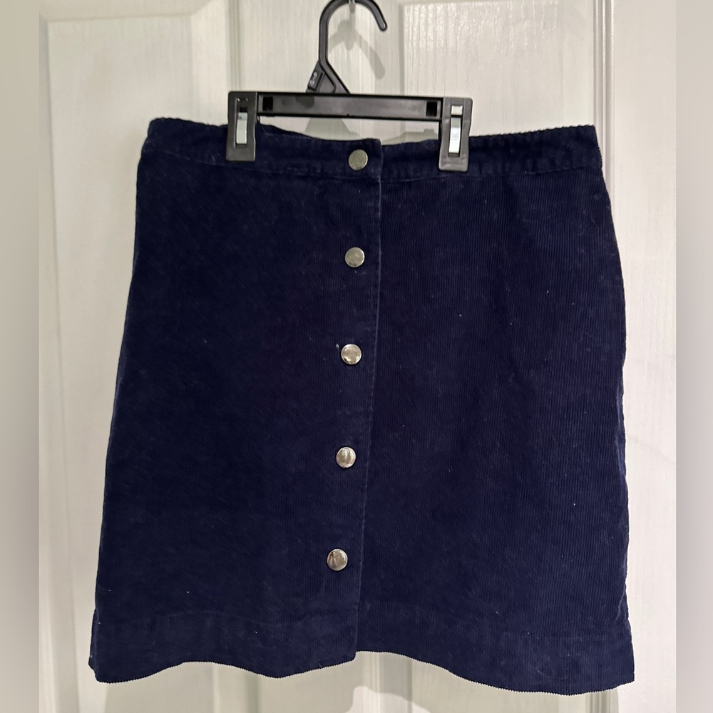 Navy cord a-line button down mini skirt